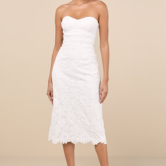 Lulus Aramis White Embroidered Lace Strapless Bustier Midi Dress - Size S - Picture 1 of 1